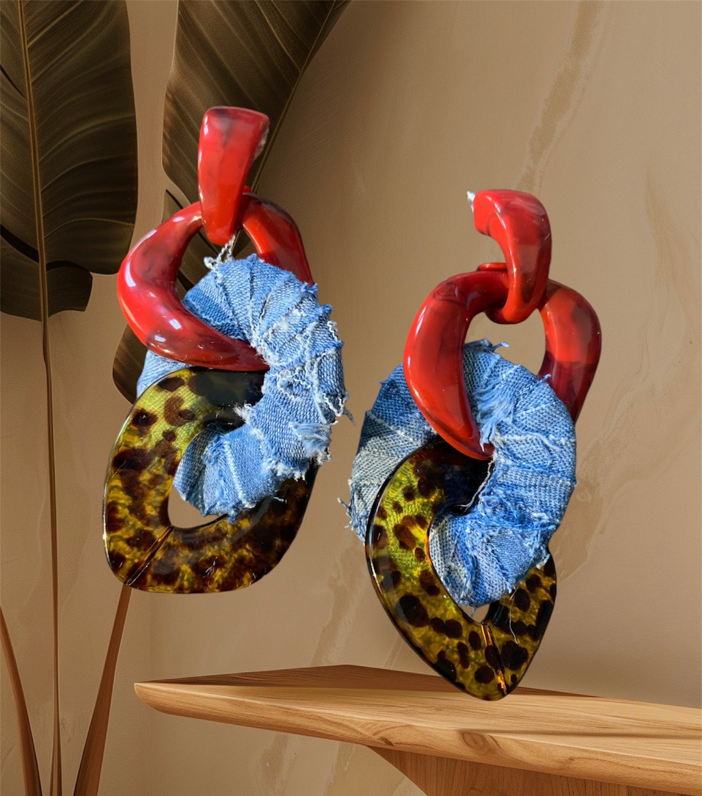 Beautiful Three Ring Layered Denim Cheetah Handmade Tassel Dangle Earrings for Women Fashion Jewelry