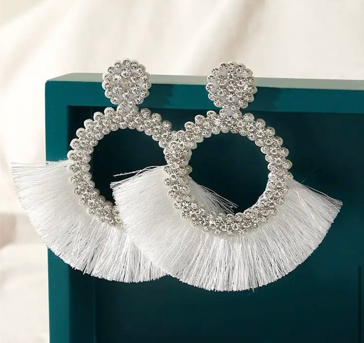 Cute Trendy Tassel Crystal Feathered Statement Fashion Rhinestone Earrings Women’s