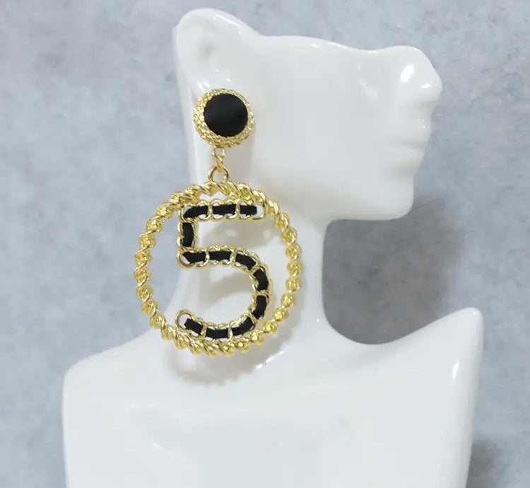 Famous Design Golden Women Number 5 Earrings Fashion Trendy Jewelry Accessories