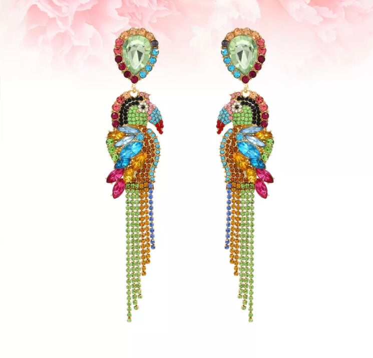 Exotic Parrot Dangle Shining Rainbow Colorful Rhinestone Drop Earrings for Women