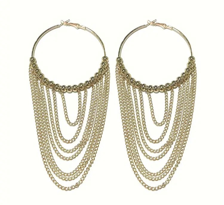 Beautiful Hoop Beaded Tassel Earrings Eye-Catching Fashion Statement Design Long Chain Fringe Dangle for Women and Everyday Wear Earrings