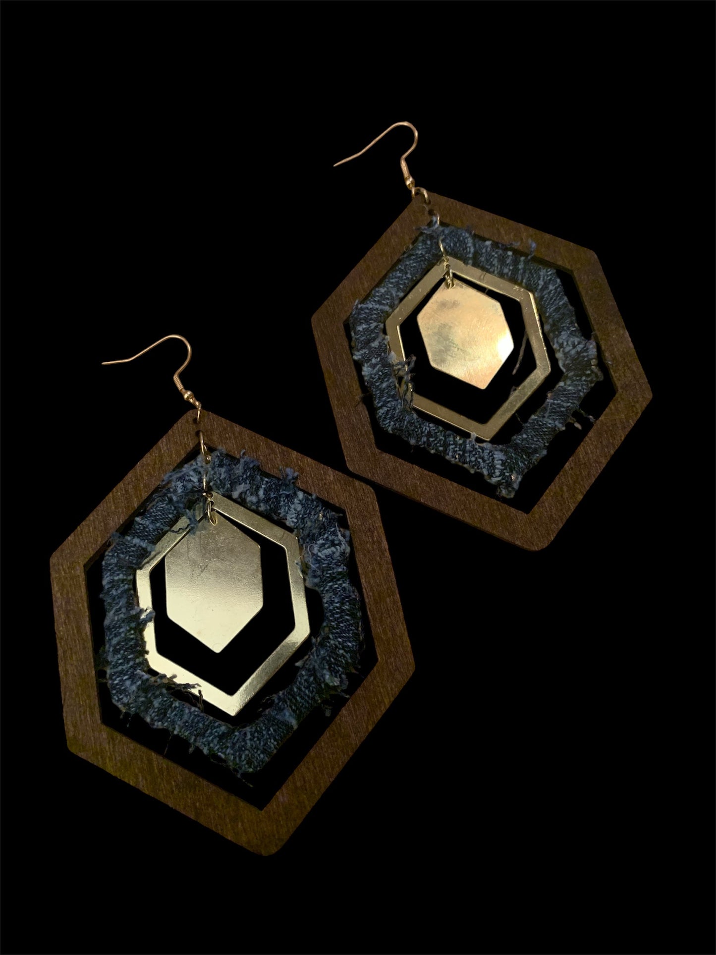 Handmade Fashion Denim Wood Statement Big Hexagon Distressed Earrings Accessories Women's Jewelry