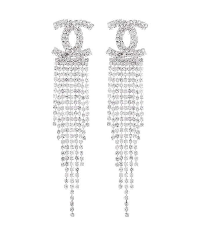 Luxury Silver Tassel Crystal Double C Drop Earrings for Women Shiny Rhinestone Earrings