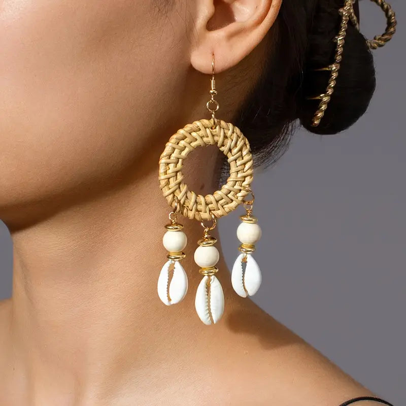Nice Cowrie Round Woven and Shell Dangle Earrings for Everyday Wear & Beach Summer Getaway Accessories