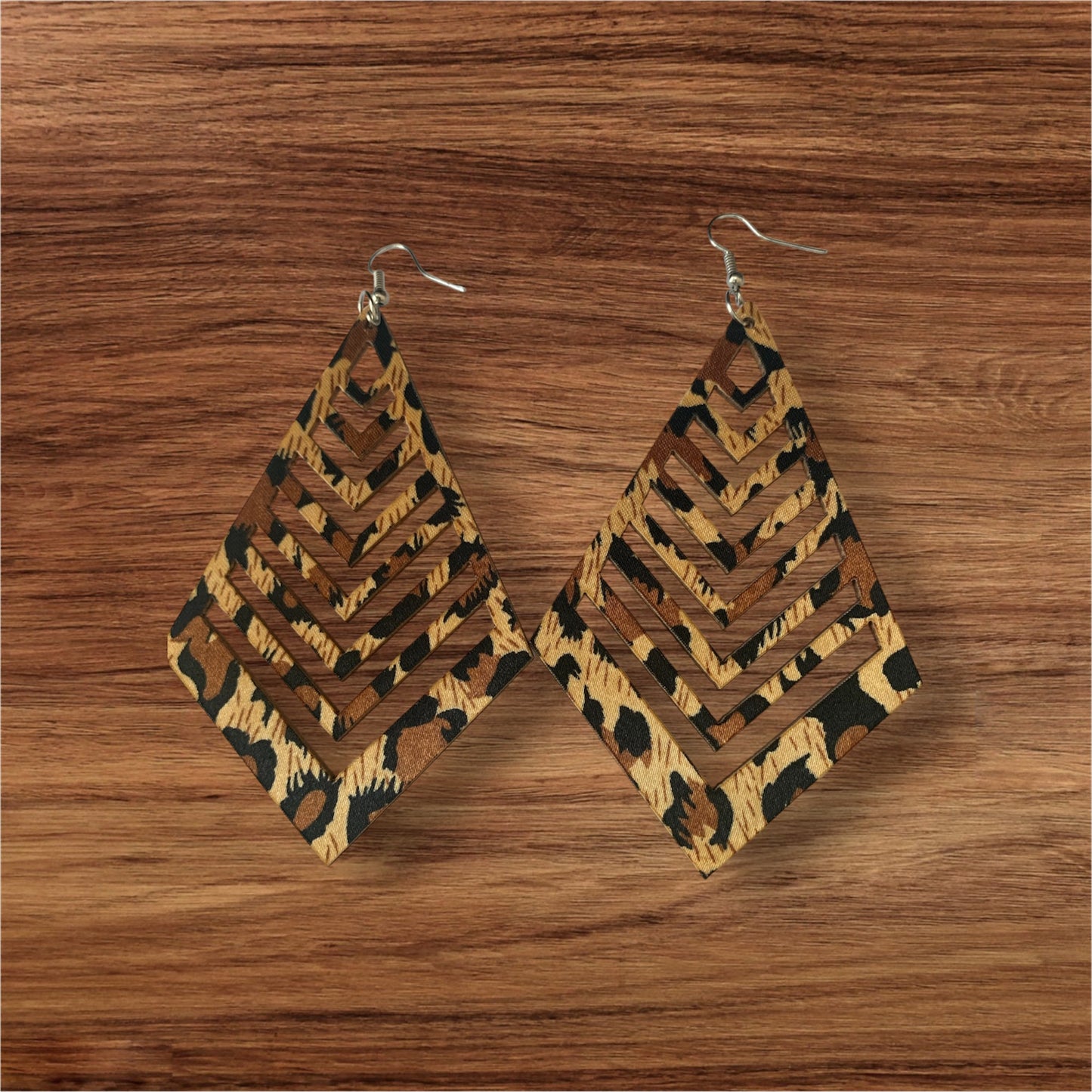 Ladies Women's Brown Long Acrylic Styled Fashion Wood Statement Earrings Cheetah Styled Accessories