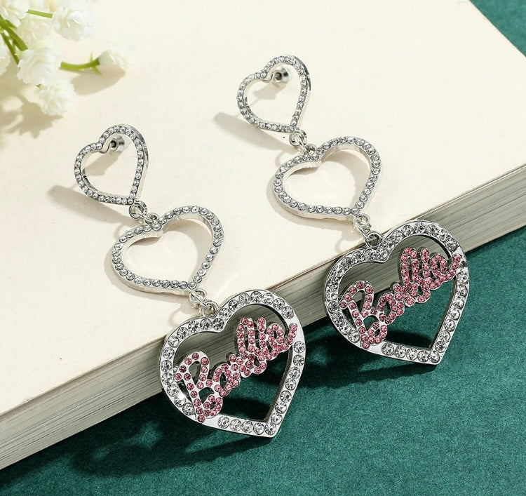 Shimmery Silver Barbie Pink Diamond Triple Heart Crystal Bling Earrings Jewelry Accessories for Girls