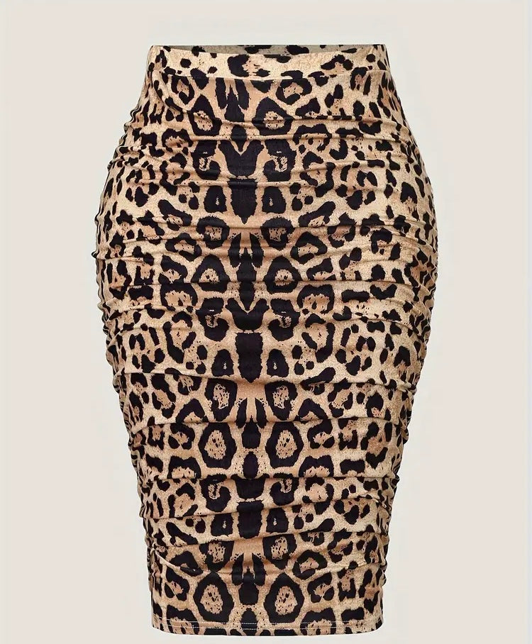 Leopard Print Pencil Skirt Ruched High Waist Midi Skirt Women's Plus Size Clothing