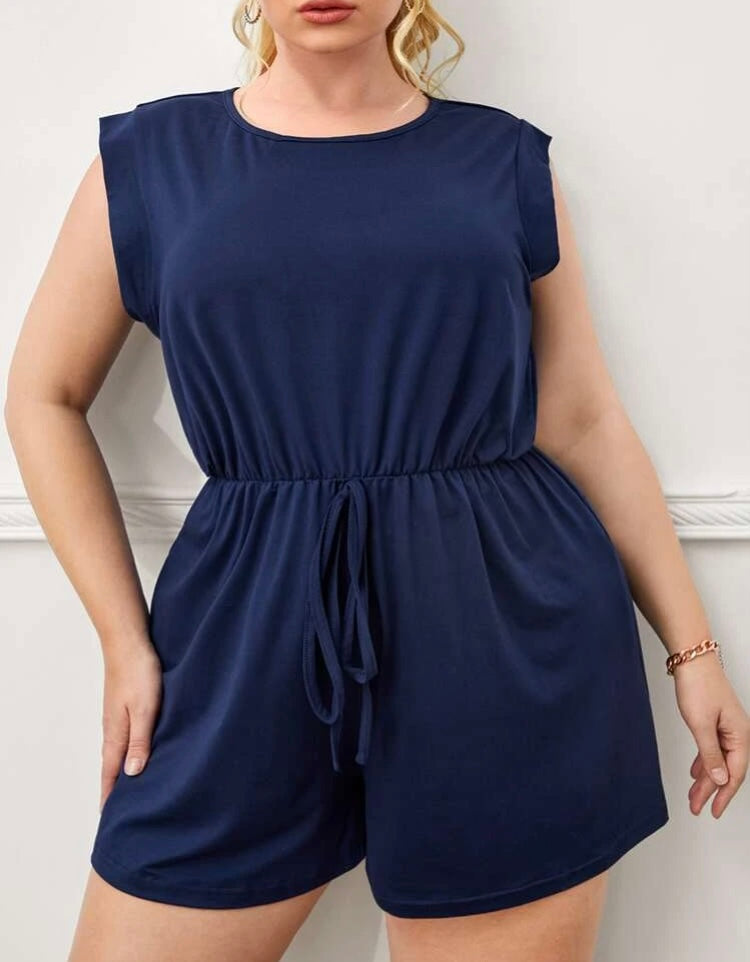 Navy Blue One Piece Plus Comfort Fit Stretchy Keyhole Back Peek Sleeve Tie Knot Front Shorts Romper Wear