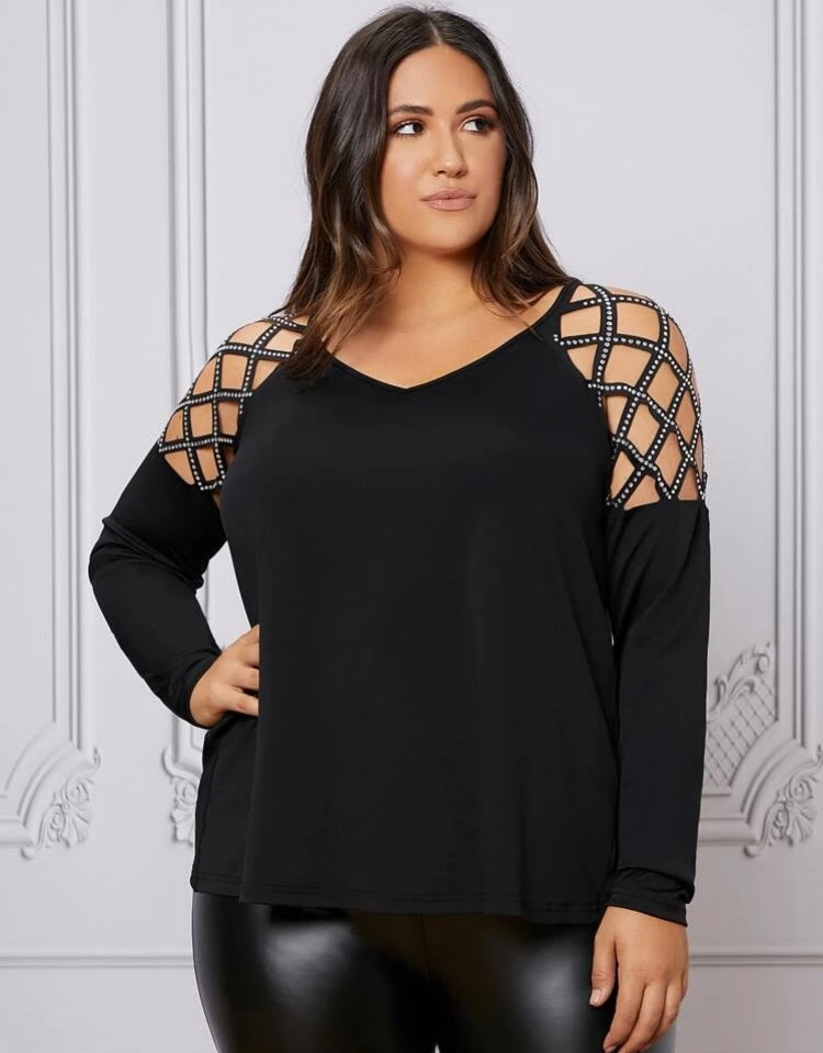 Elegant Classy Sassy Bejeweled Plus Cut Out Rhinestone Black Long Sleeve Peep Shoulder Top Blouse Wearable Clothing