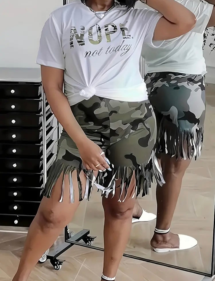 Fashion Army Soldier Girl Plus Size Casual Outfits Two Piece Set Women's Plus Camo & Slogan Print Short Sleeve Round Neck Top Fringe Trim Shorts Set