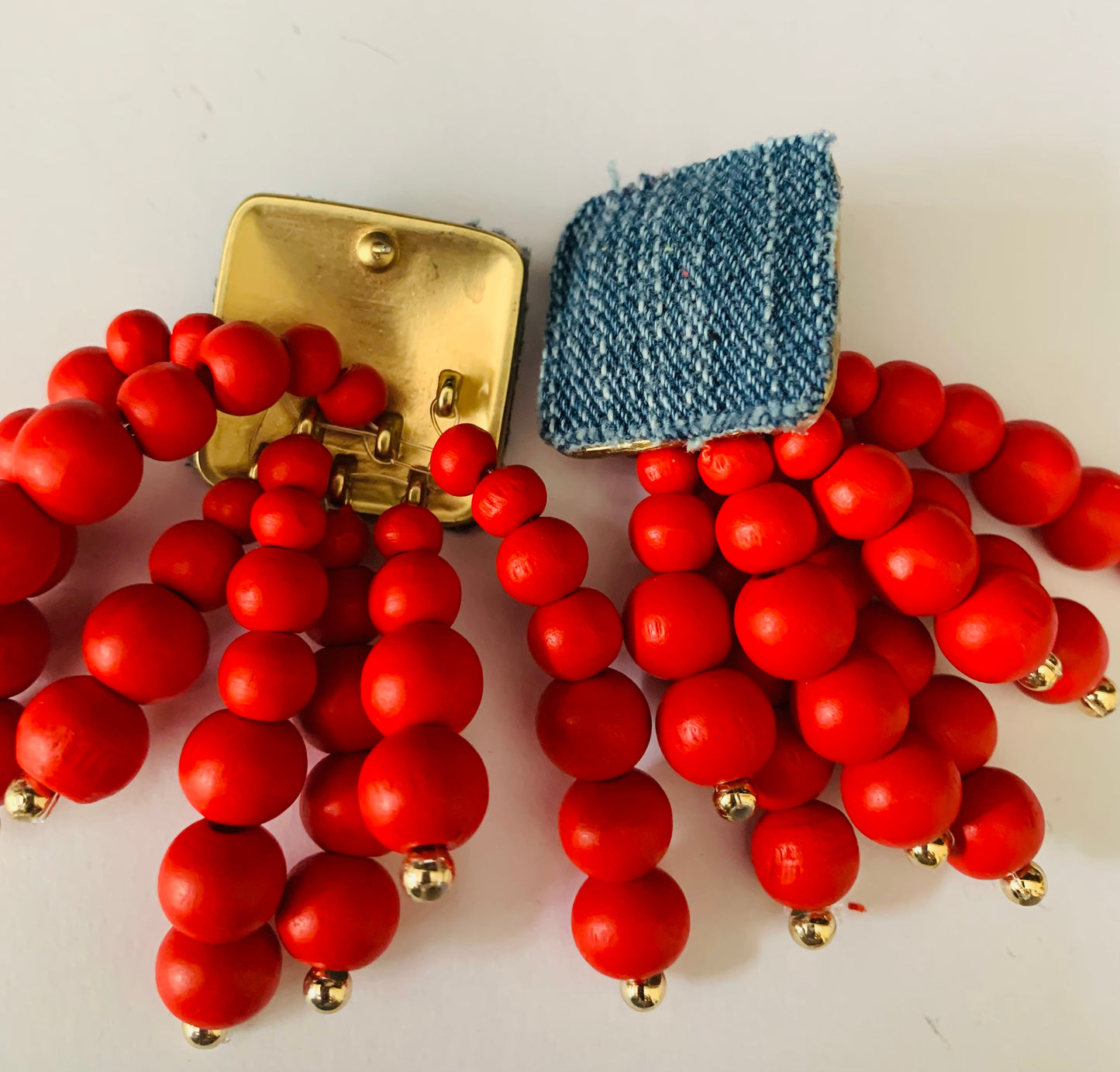 Red Denim Wooden Round Beaded Chain Drop Earrings High-Quality Fashion Trend Jewelry Accessories