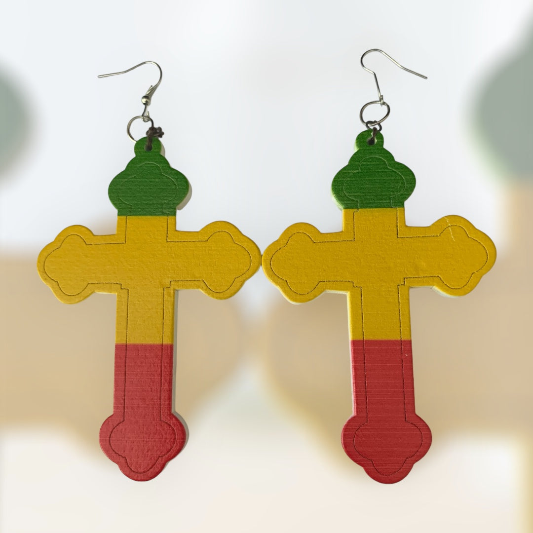 Ladies Jamaican Bob Marley Styled Wood Cross Fashion Statement Dangle Women's Earrings