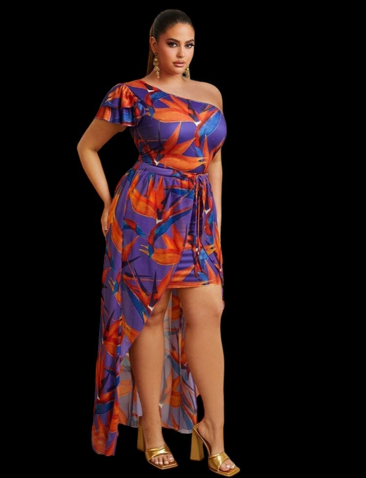 Grown & Sexy Beautiful Plus Size Allover Island Girl Styled Colors Printed One Shoulder High Low Skirt Wrap Sheer Dressy Clothes