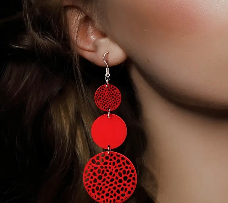 Cute Earth Tone Girl Colorful Round Shape Hollow Pattern Dangle Earrings Retro Bohemian Style Wooden Jewelry