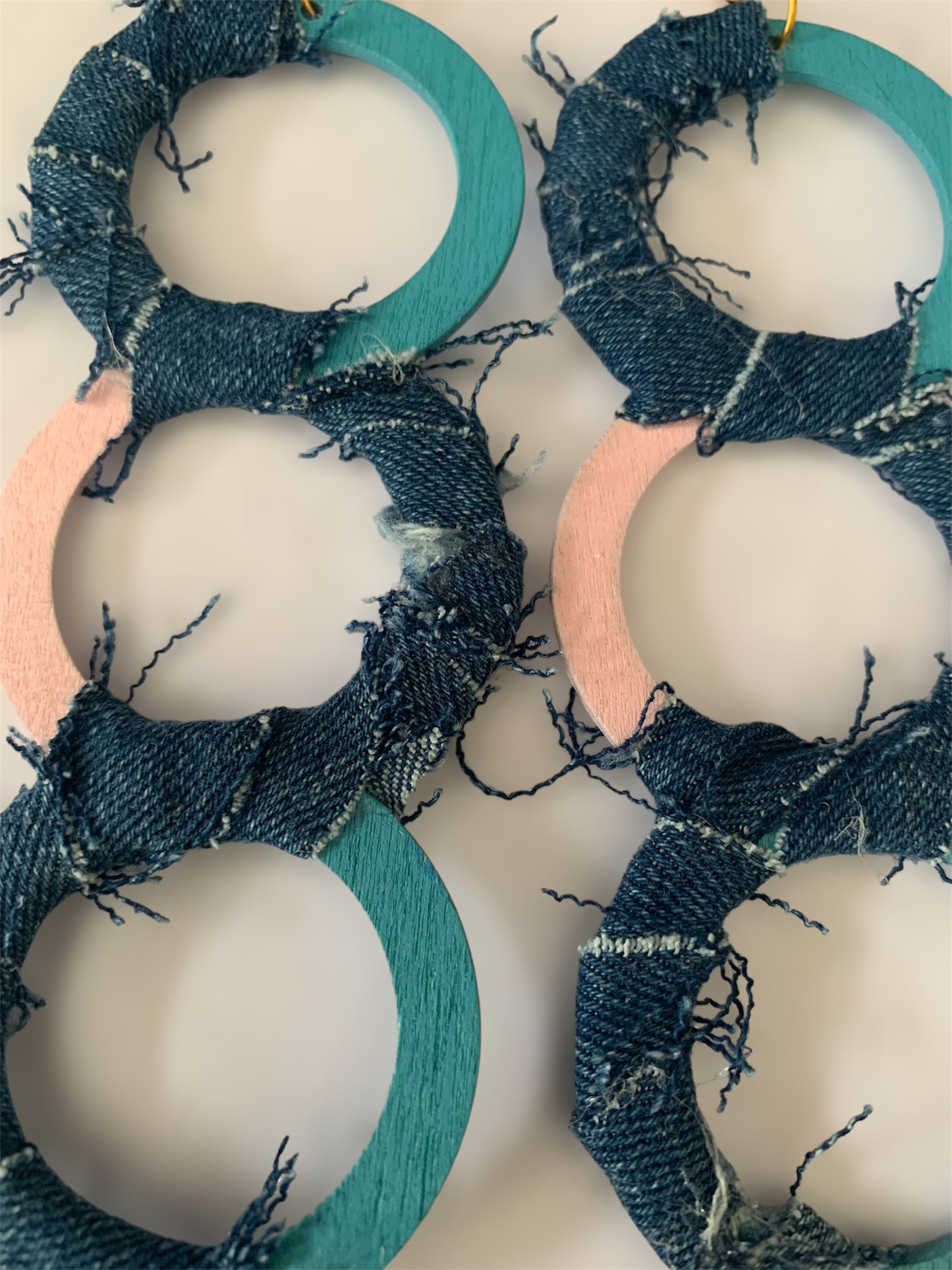 Fashion Statement Triple Denim Round Wood Distressed Baby Blue & Baby Pink Accents Customized Earrings Jewelry
