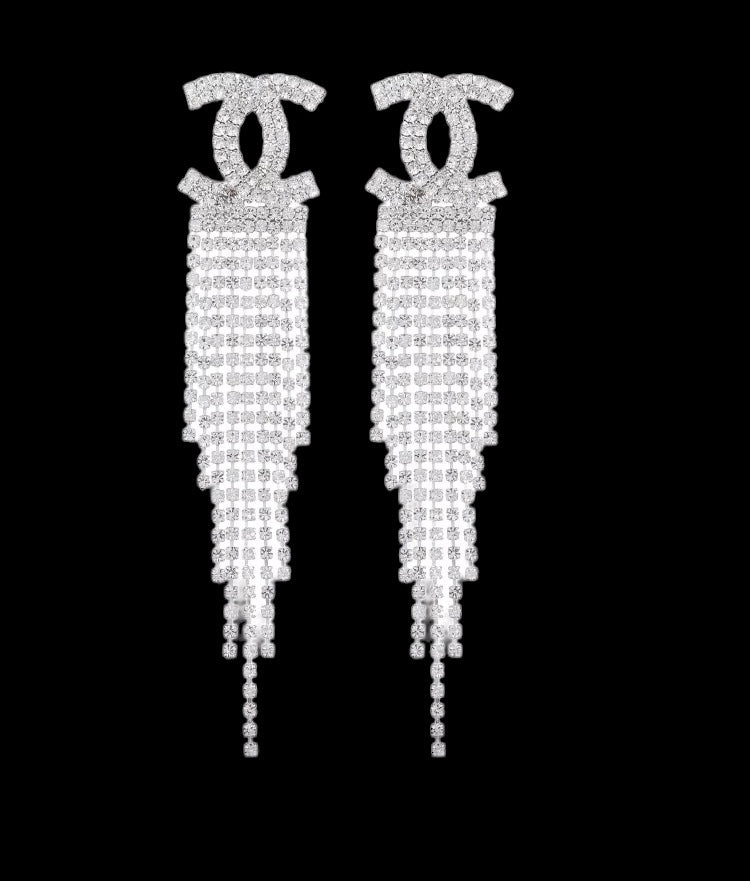 Luxury Silver Tassel Crystal Double C Drop Earrings for Women Shiny Rhinestone Earrings