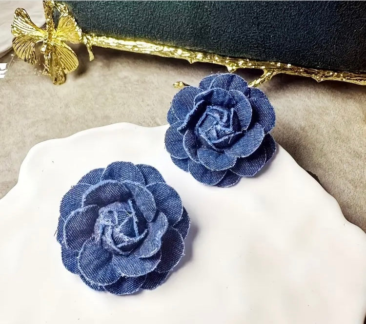 Denim Pretty Stud Handmade Flower Bold Blue Jeans Floral Statement Hot Fashion Ladies Earrings