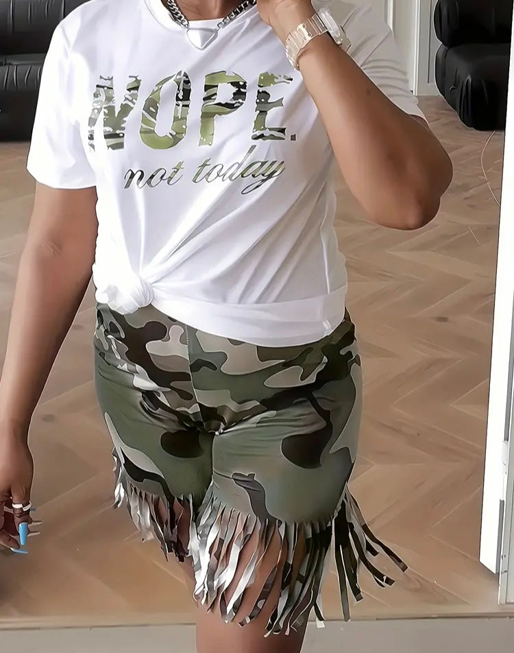 Fashion Army Soldier Girl Plus Size Casual Outfits Two Piece Set Women's Plus Camo & Slogan Print Short Sleeve Round Neck Top Fringe Trim Shorts Set