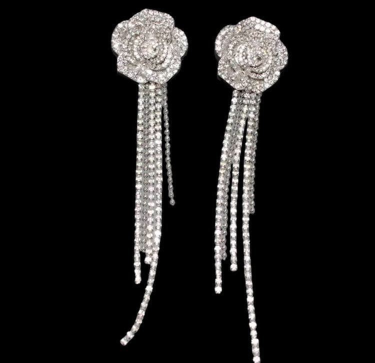 Bling Bling Flower Silver Pendant Shiny Rhinestone Crystal Long Dangling Earrings Jewelry