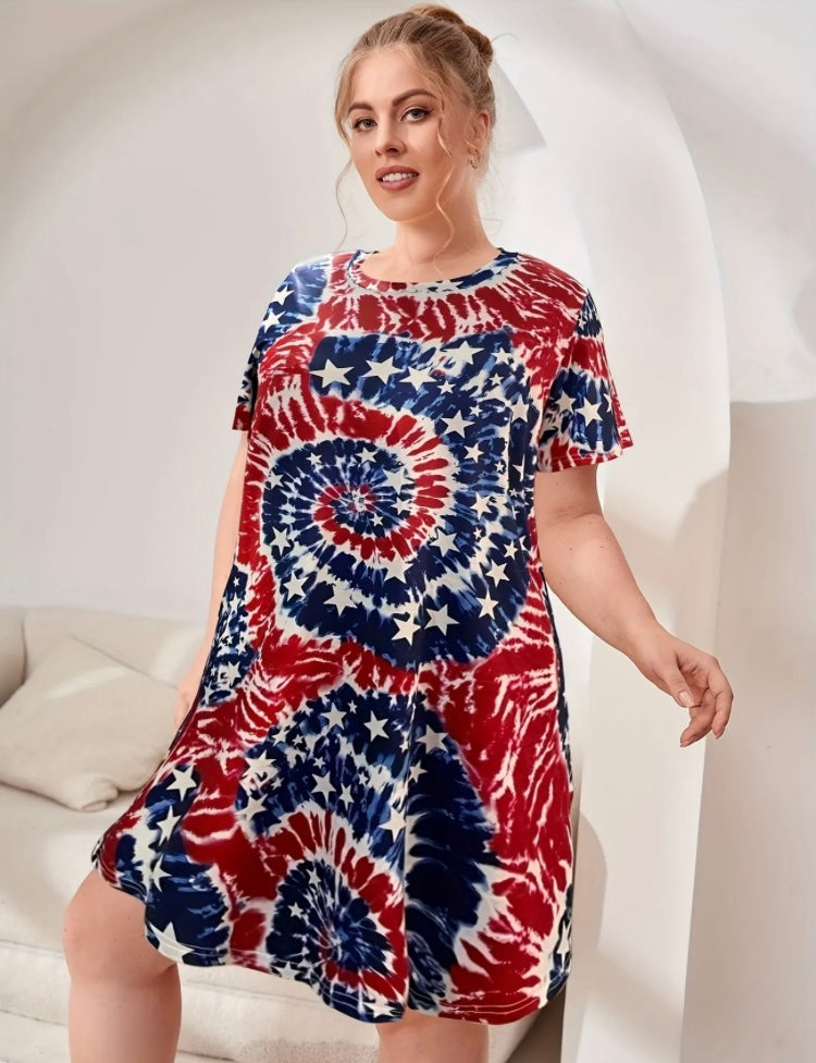 Red White Blue Plus Size Independence Day Loungewear Dress Women's Plus Tie Dye Star & Flag Print Short Sleeve Comfort Wear Dress Clothes