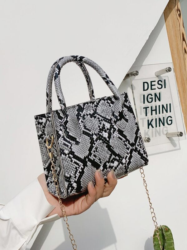Grey Mini Snakeskin Print Chain Satchel Bag Purse Tote Accessories