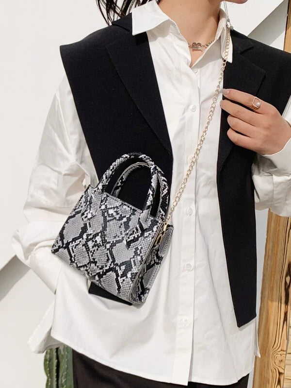 Grey Mini Snakeskin Print Chain Satchel Bag Purse Tote Accessories