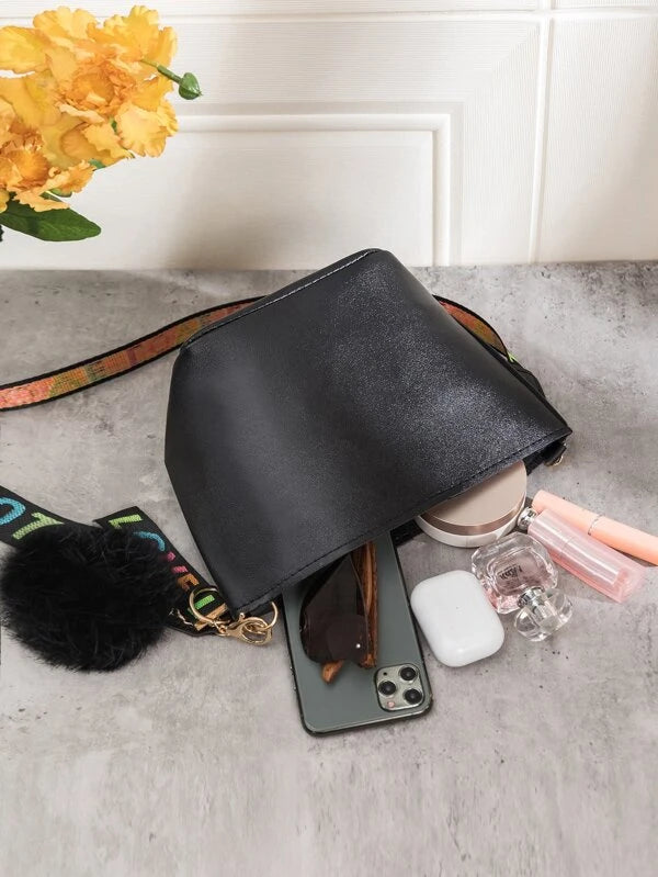 Pretty Little Mini Love Pom Pom Chain Black PU Letter Bucket Shaped Styled Shoulder Bag