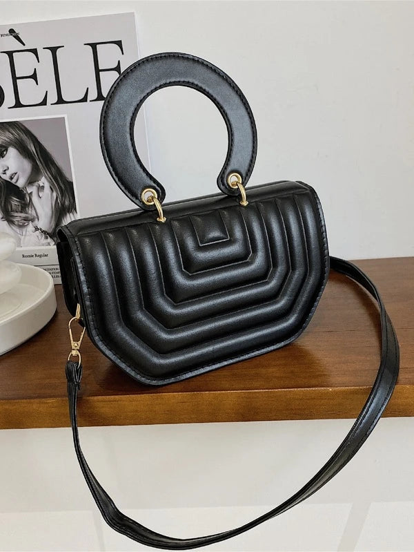 Black Fashion PU Leather Trendy Minimalist Striped Novelty Tote Shoulder Wrist Bag