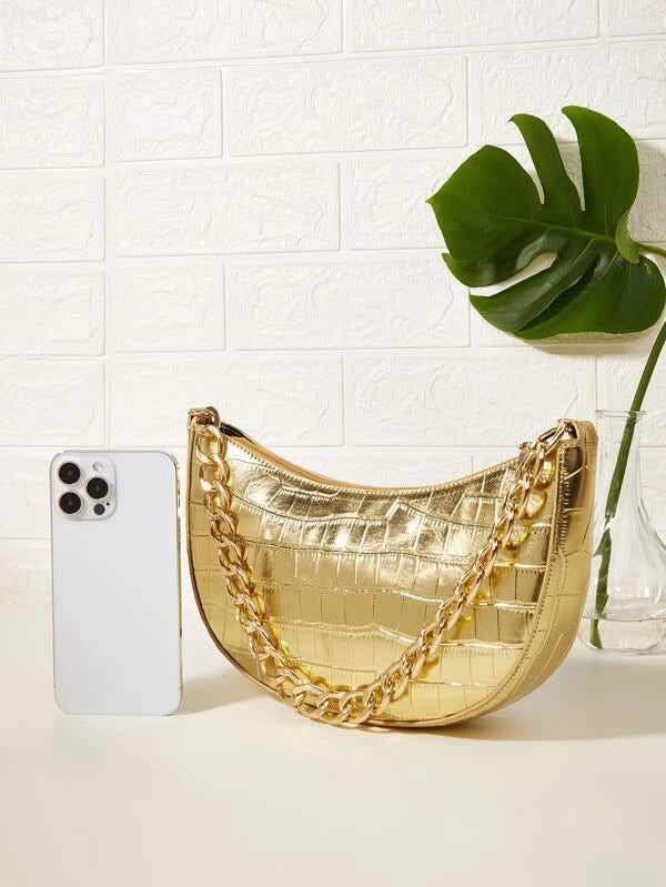 Lovely Gold Metallic Crocodile Embossed Chain Trendy Tote Bag Purse
