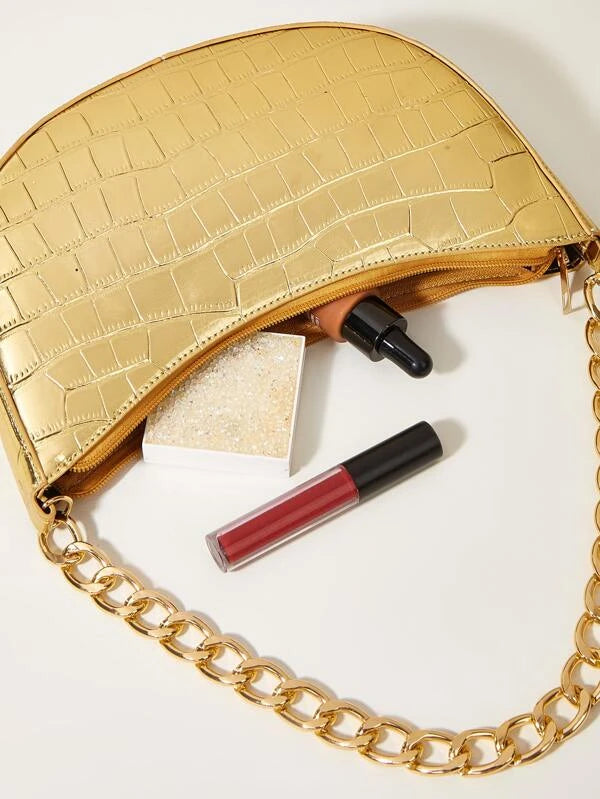 Lovely Gold Metallic Crocodile Embossed Chain Trendy Tote Bag Purse