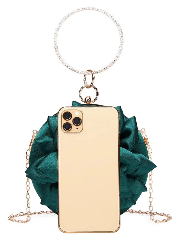 Glamorous Hunter Green Mini Rhinestone Detail Floral Wrist Ring Round Box Tote Bag