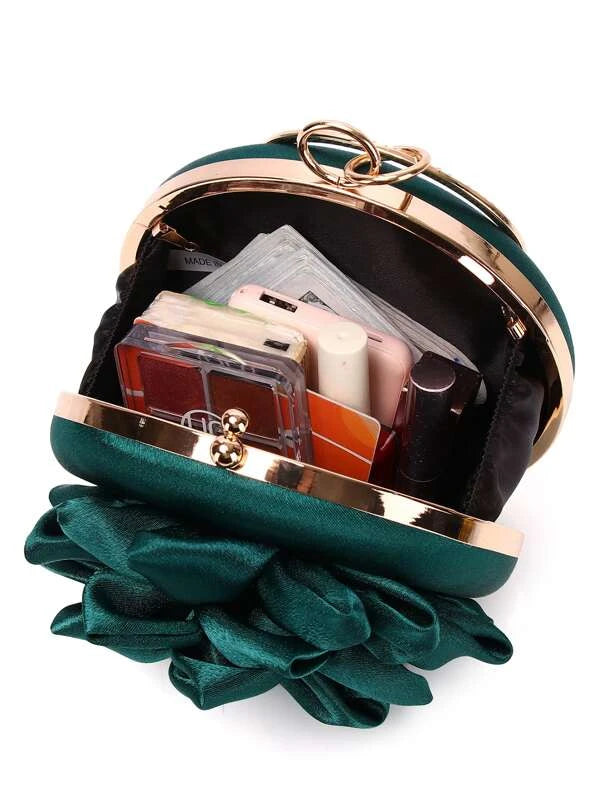 Glamorous Hunter Green Mini Rhinestone Detail Floral Wrist Ring Round Box Tote Bag