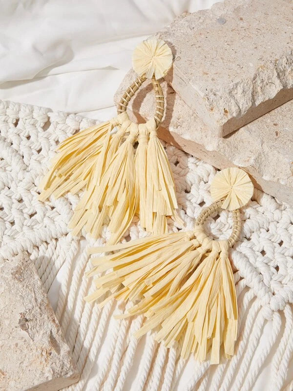 Beach Styled Palm Tree Flower Tassel Long Tan Drop Earrings Jewelry Accessories