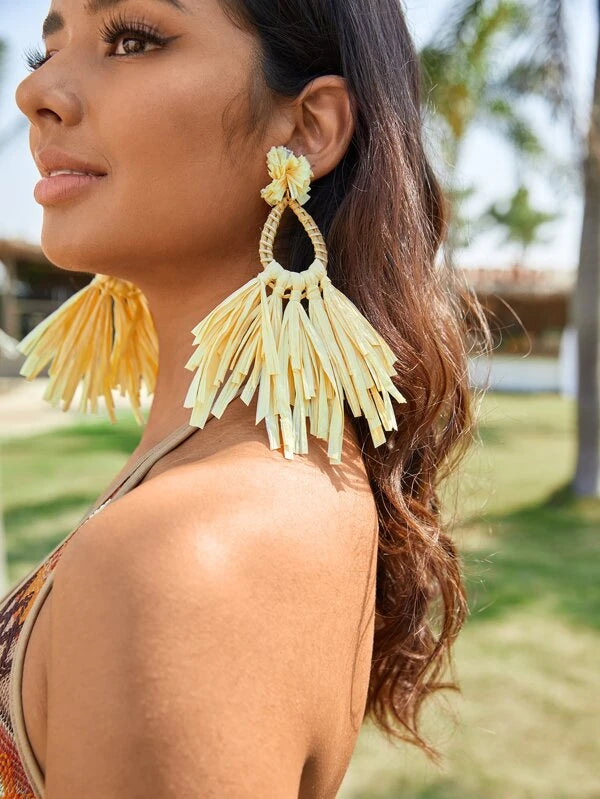 Beach Styled Palm Tree Flower Tassel Long Tan Drop Earrings Jewelry Accessories