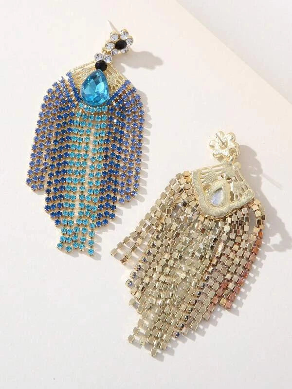 Teal Blue Glamorous Tassel & Rhinestone Drop Earrings Trendy Jewelry