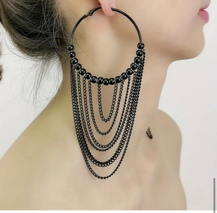 Beautiful Hoop Beaded Tassel Earrings Eye-Catching Fashion Statement Design Long Chain Fringe Dangle for Women and Everyday Wear Earrings