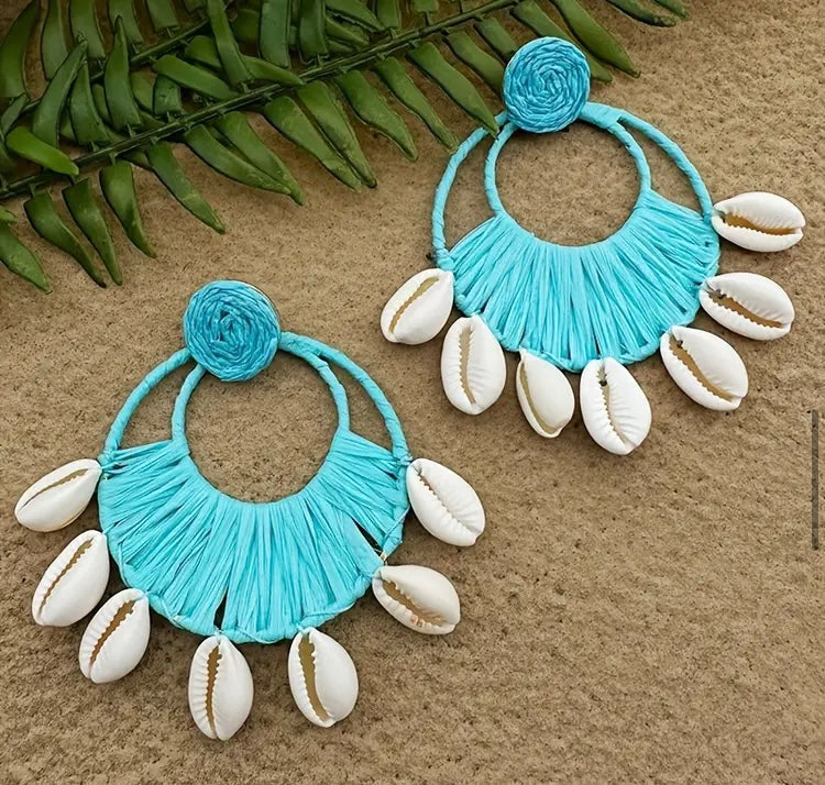African Cowrie Shell Fashion Beach Crochet Earrings Large Circle Tassel Dangle Jewelry