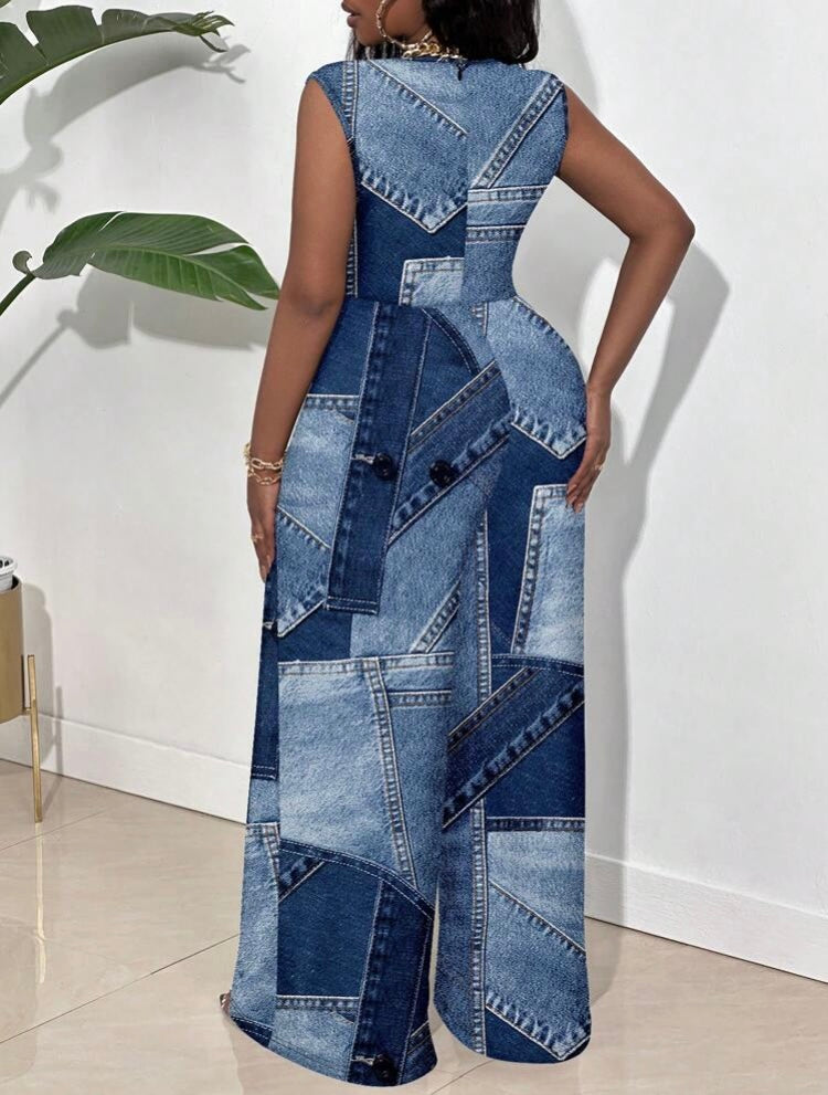 Fit the Denim Look Strike a Pose Women's Casual Loose Retro Patchwork Patterned Blue Jumpsuit Plus Size for all Seasons Wear