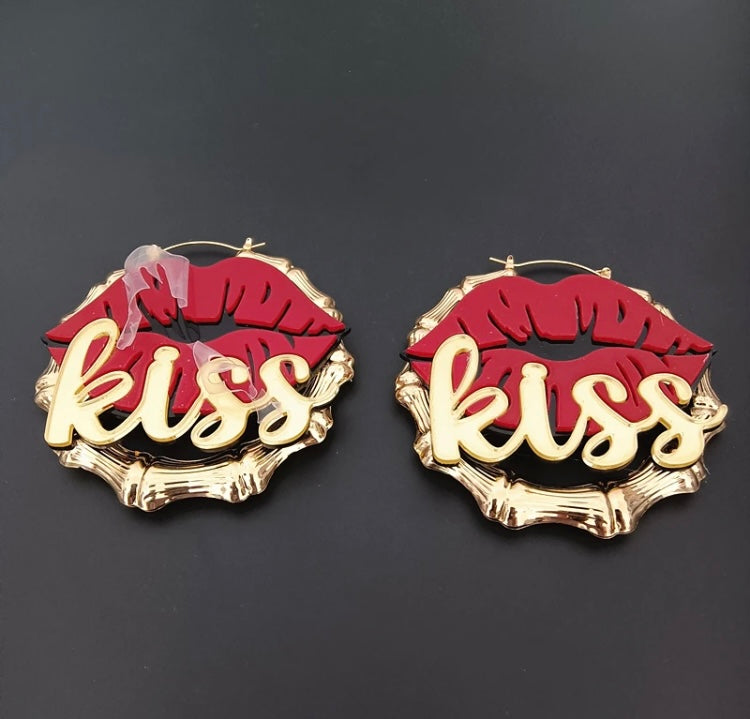 Fashion Red Kiss Sexy Lips Acrylic Women Gold Bamboo Earrings Jewelry