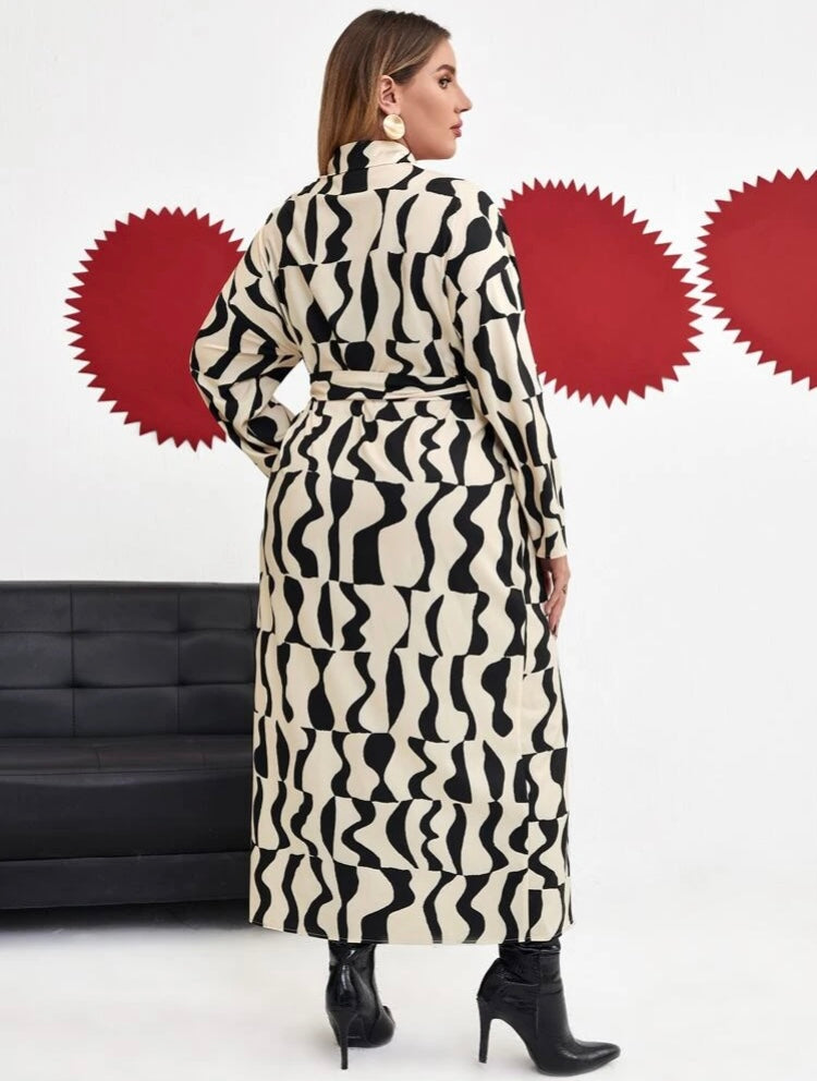 She Ate White Black Stunning Plus Size Geo Print Drop Shoulder Belted Shirt Dress Women’s Wear