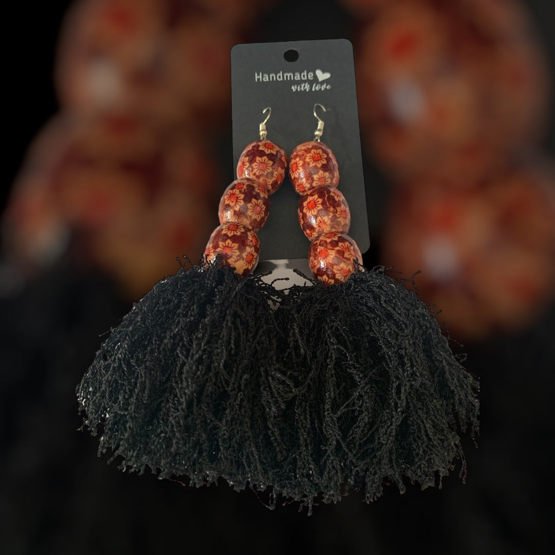 Fashion Statement Black Floral Beaded Fringe Customized Earrings Jewelry