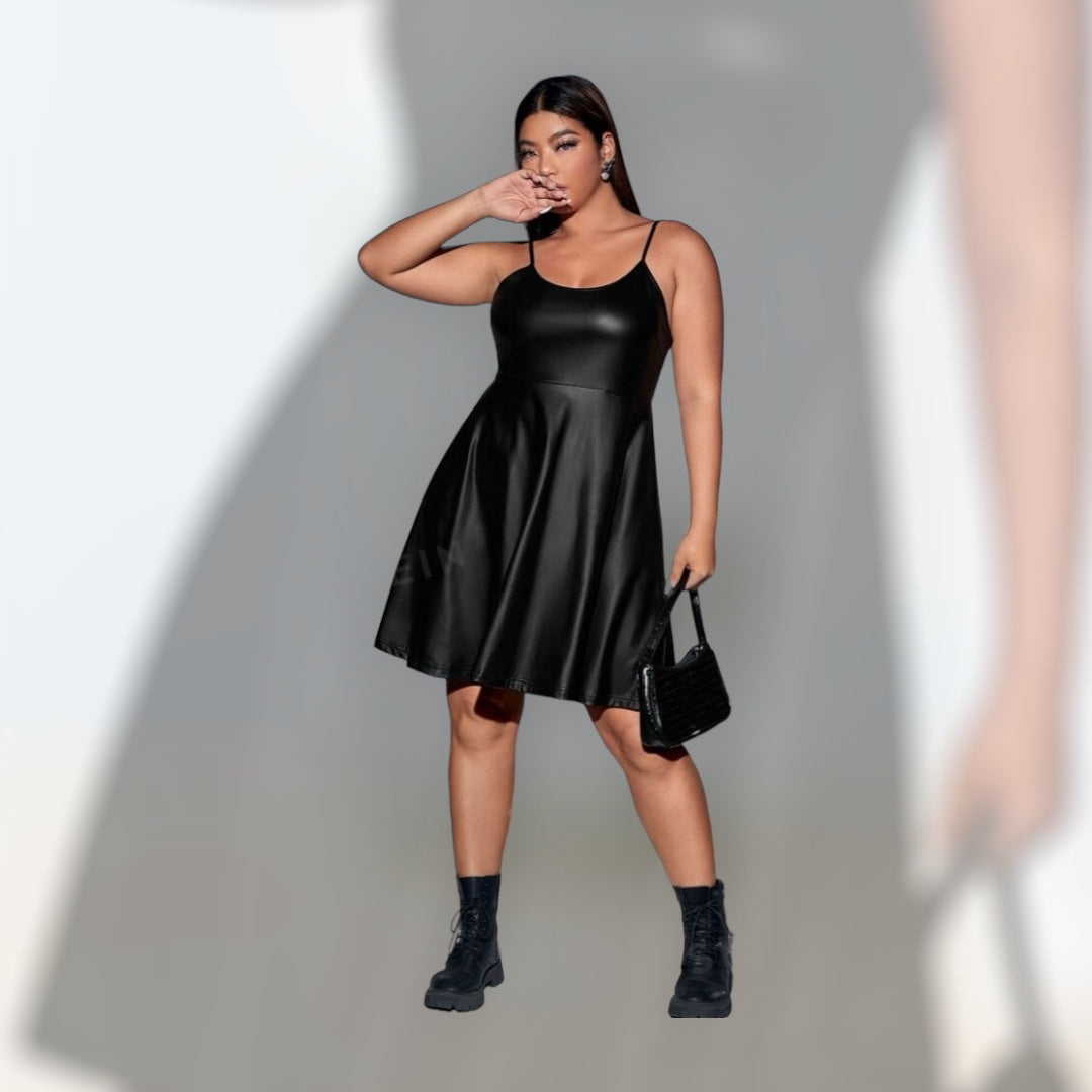 Stunning PU Leather Black Plus Size Flare Hem Sexy Girls Night Out Mini Cami Spaghetti Strap Dress Clothing