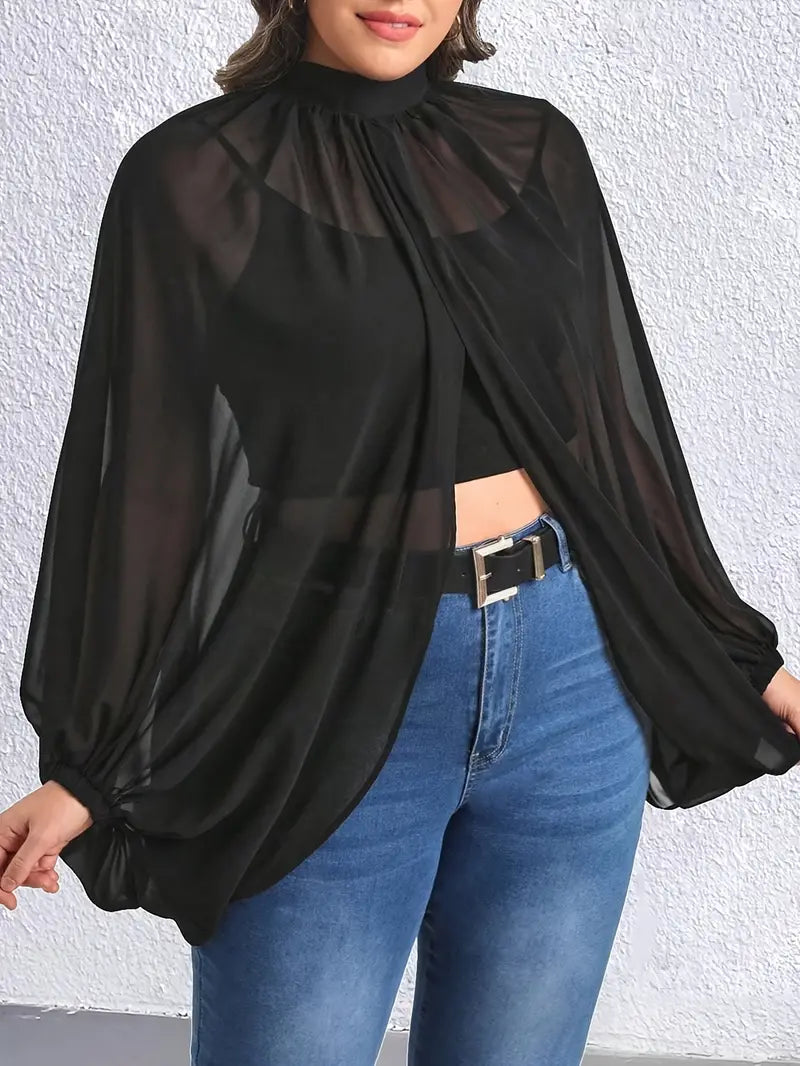 Black Sheer Plus Size Elegant Mock Neck Split Blouse Lantern Sleeve Comfortable Fit for Curvy Women
