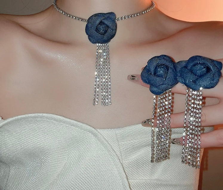 Beautiful Denim Flower Tassel Earrings Light Luxury Design Trendy Fashion Dangle Rhinestone