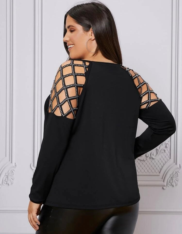 Elegant Classy Sassy Bejeweled Plus Cut Out Rhinestone Black Long Sleeve Peep Shoulder Top Blouse Wearable Clothing