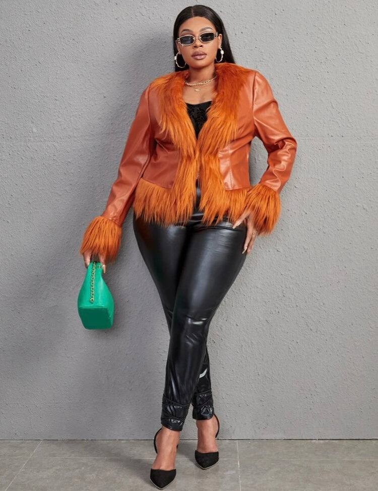 Orange & Tangy Plus Size Diva Fur Fuzzy Cuff Shawl Collar PU Leather Jacket Coat Winter Wear