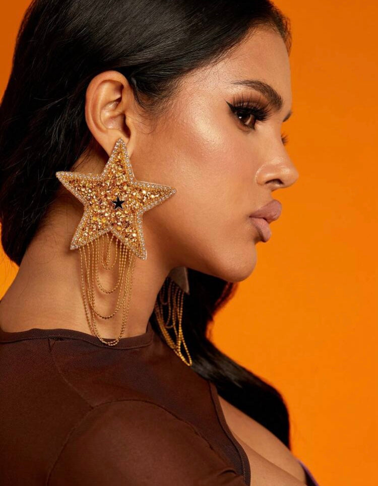 You R a Shining Gold Star! High Fashion Long Glitz Glitter Styled Dangle Earrings for Ladies Jewelry