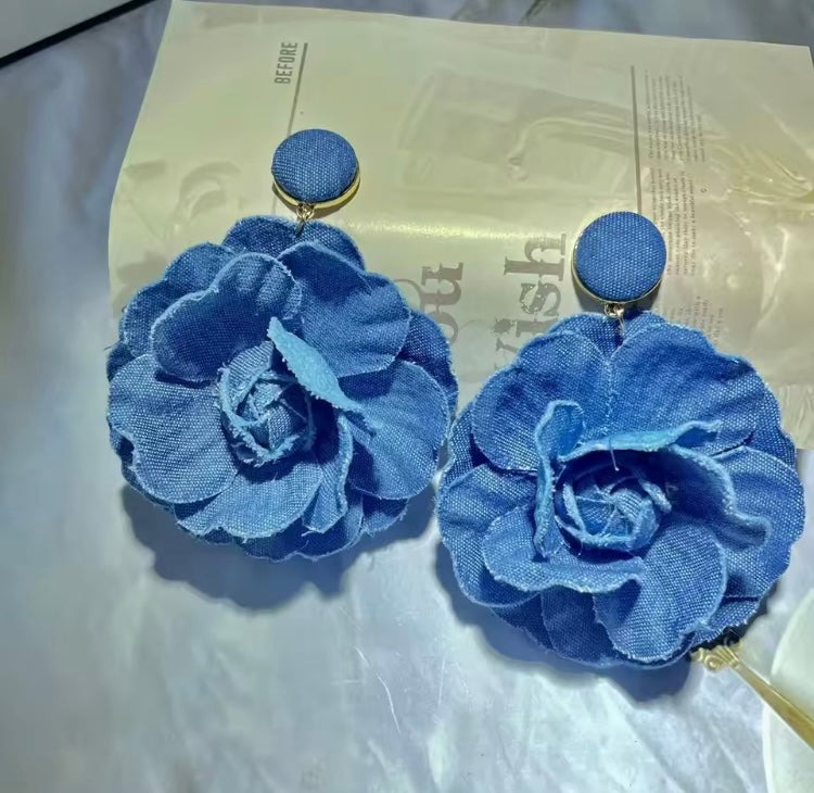 Denim Rose Flower Women Drop Bold Elegant Exaggerate Statement Earrings