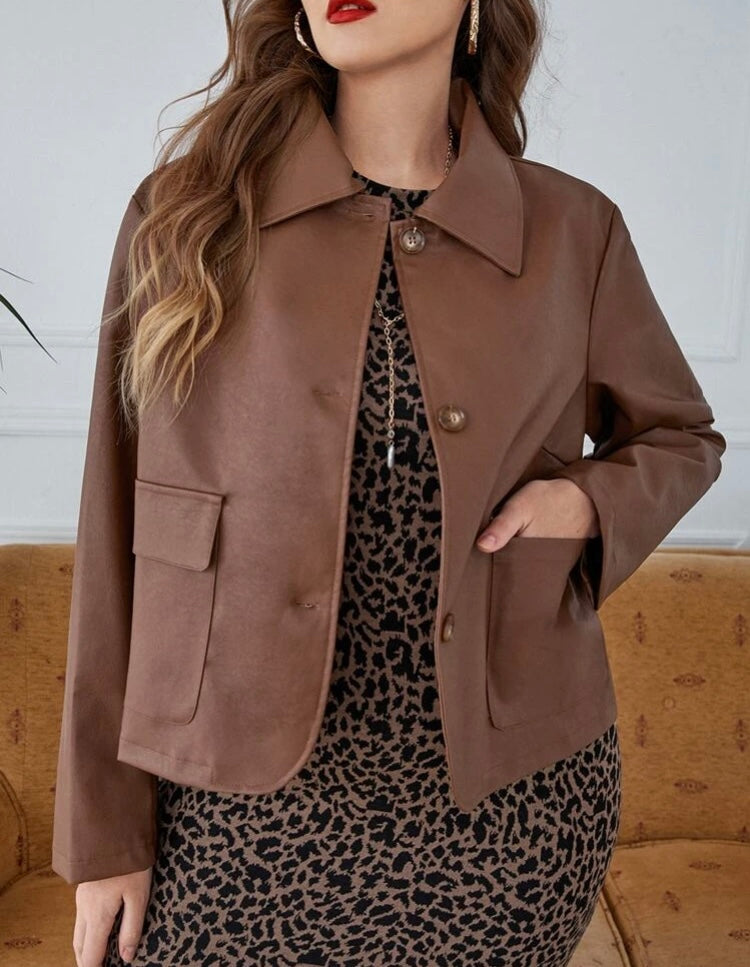 Women’s Fashion Brown PU Leather Collared Fashion Jacket Coat Plus Size