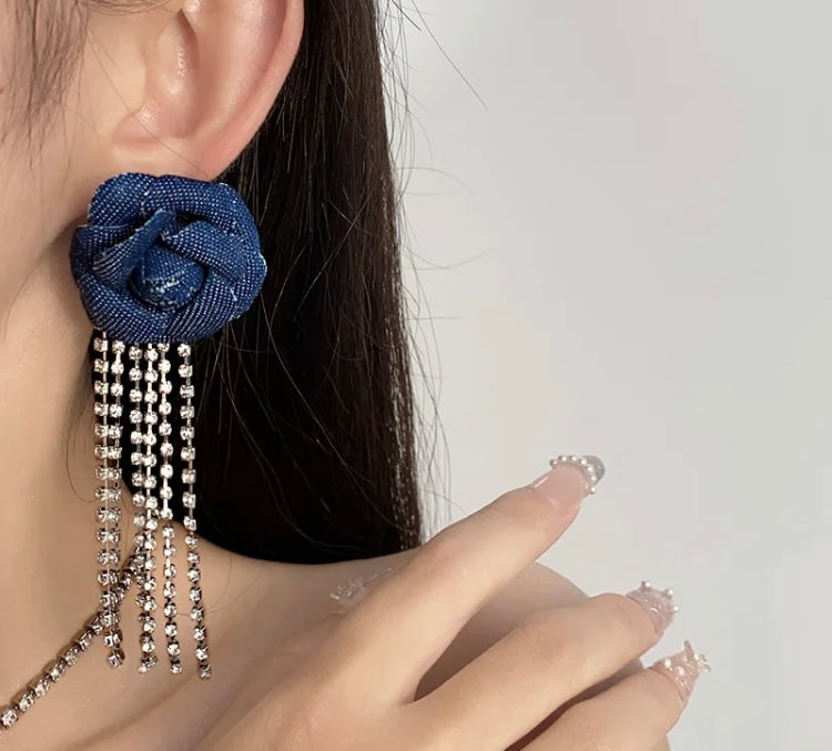 Beautiful Denim Flower Tassel Earrings Light Luxury Design Trendy Fashion Dangle Rhinestone